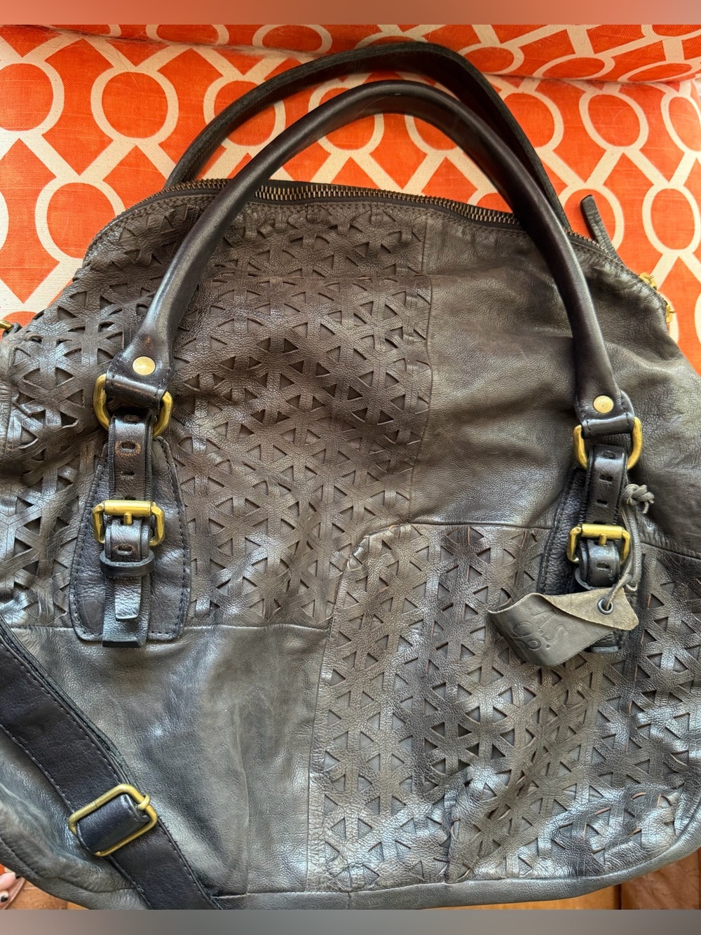 A.S.98 Large Women's Leather Tote Bag in Black with Triangle cut-outs.